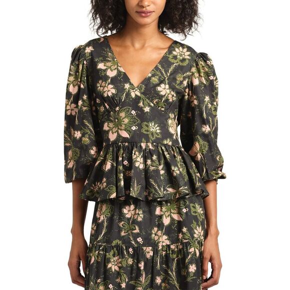 Derek Lam 10 Crosby Tops - Derek Lam 10 Crosby Womens Savannah V-Neck Peplum Top, Black